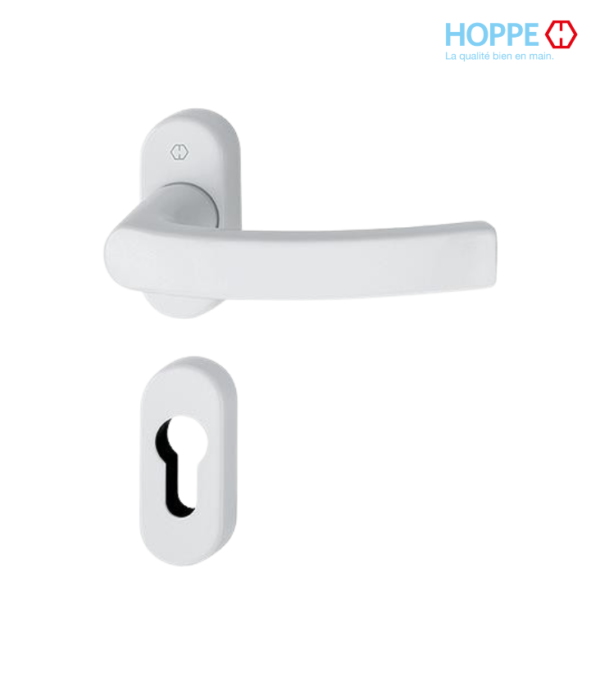 Poignée de porte HOPPE Liège sur rosaces avec entrée de clé pour porte à profil – Blanc