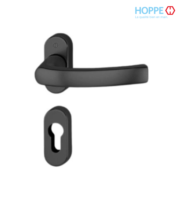 Poignée de porte HOPPE Liège sur rosaces avec entrée de clé pour porte à profil – Noir mat