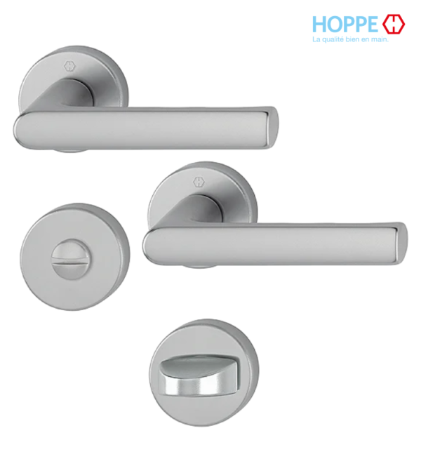 Poignée de porte HOPPE Hamburg en aluminium pour porte intérieure – Porte salle de bain / Aspect argent