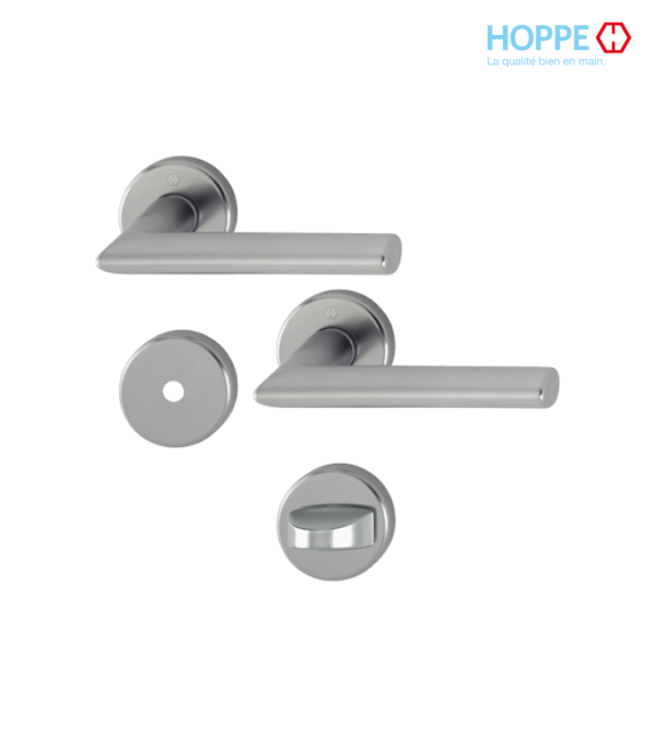 Poignée de porte HOPPE Stockholm en aluminium pour porte intérieure – Porte salle de bain / Aspect argent