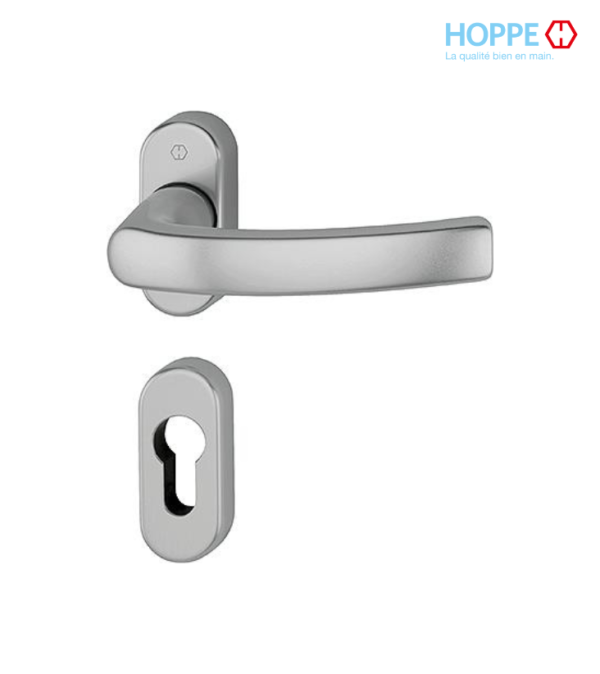 Poignée de porte HOPPE Liège sur rosaces avec entrée de clé pour porte à profil – Aspect inox