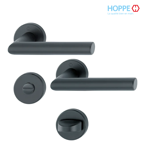 Poignée de porte HOPPE Amsterdam en aluminium pour porte intérieure – Porte salle de bain / Noir mat